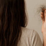 Woman holding fallen hair strands in hand, symbolizing hair fall problem