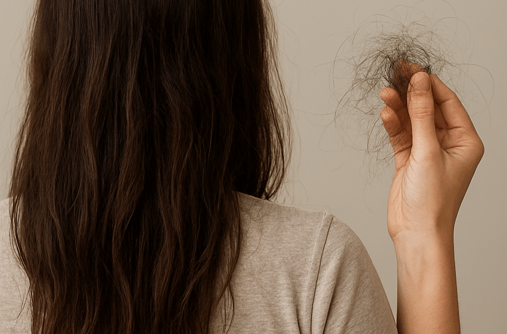Woman holding fallen hair strands in hand, symbolizing hair fall problem